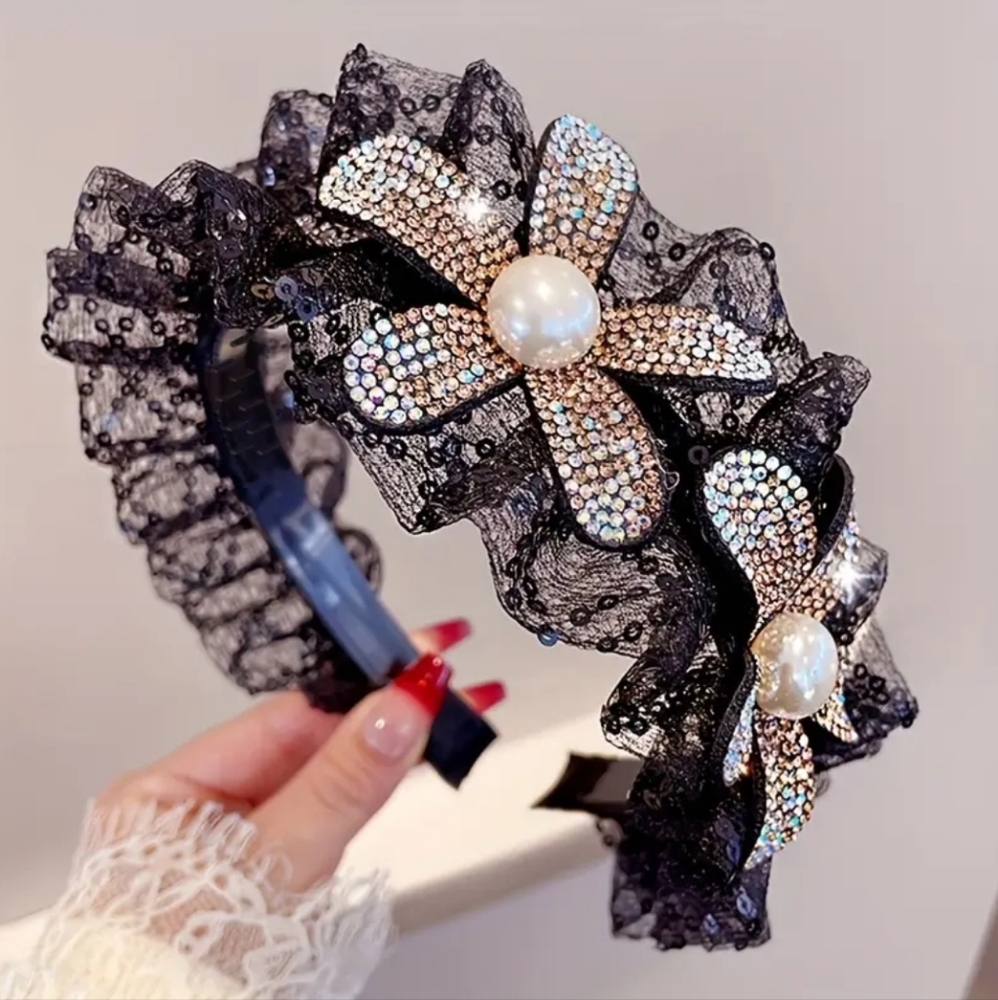 Black Lace Headband Embellished Faux Pearl and Rhinestone Sunflowers Side Tilt